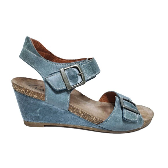 Taos Womens 8-8.5 Buckle Up Wedge Sandals Turquoise Blue Ankle Strap Heels - Picture 3 of 10